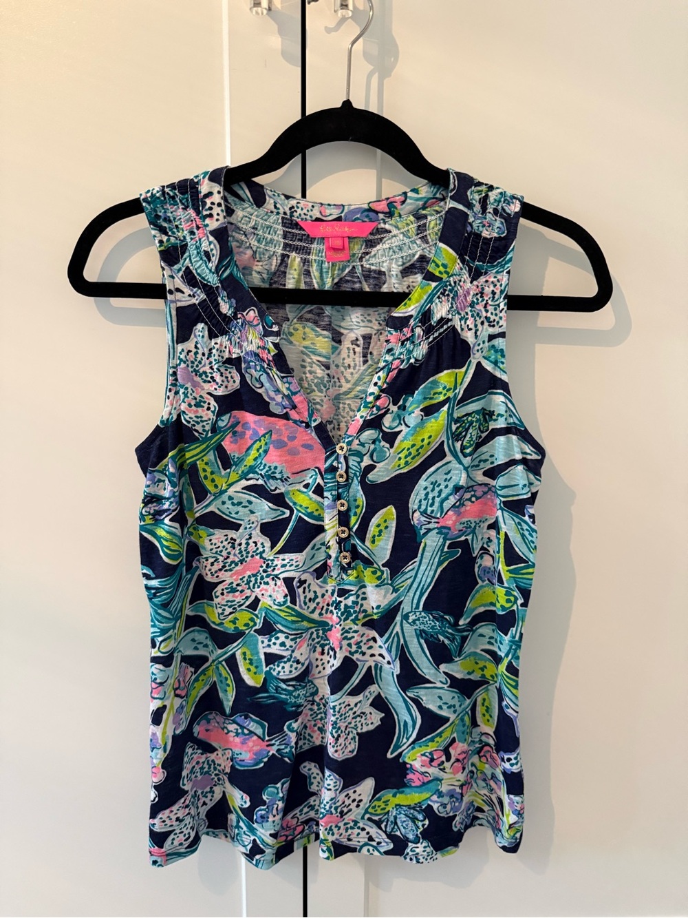 Lilly Pulitzer Essie Teal Navy Hot Pink Floral Tank
